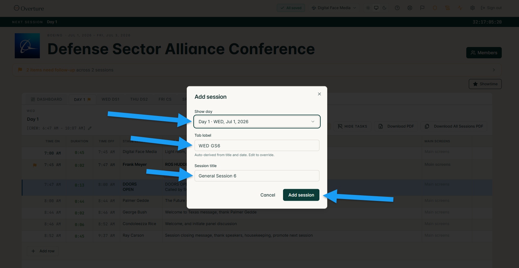 The Add session dialog showing Show day, Tab label, and Session title fields with arrows pointing at each.