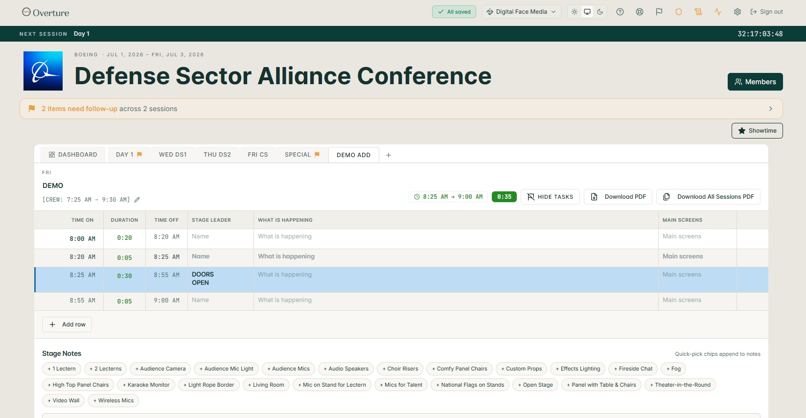 A new session tab named DEMO ADD opens with a starter row layout already in place.
