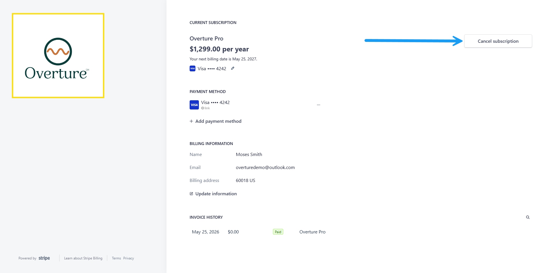 The Stripe billing portal with an arrow pointing at the Cancel subscription button next to the Overture Pro plan.