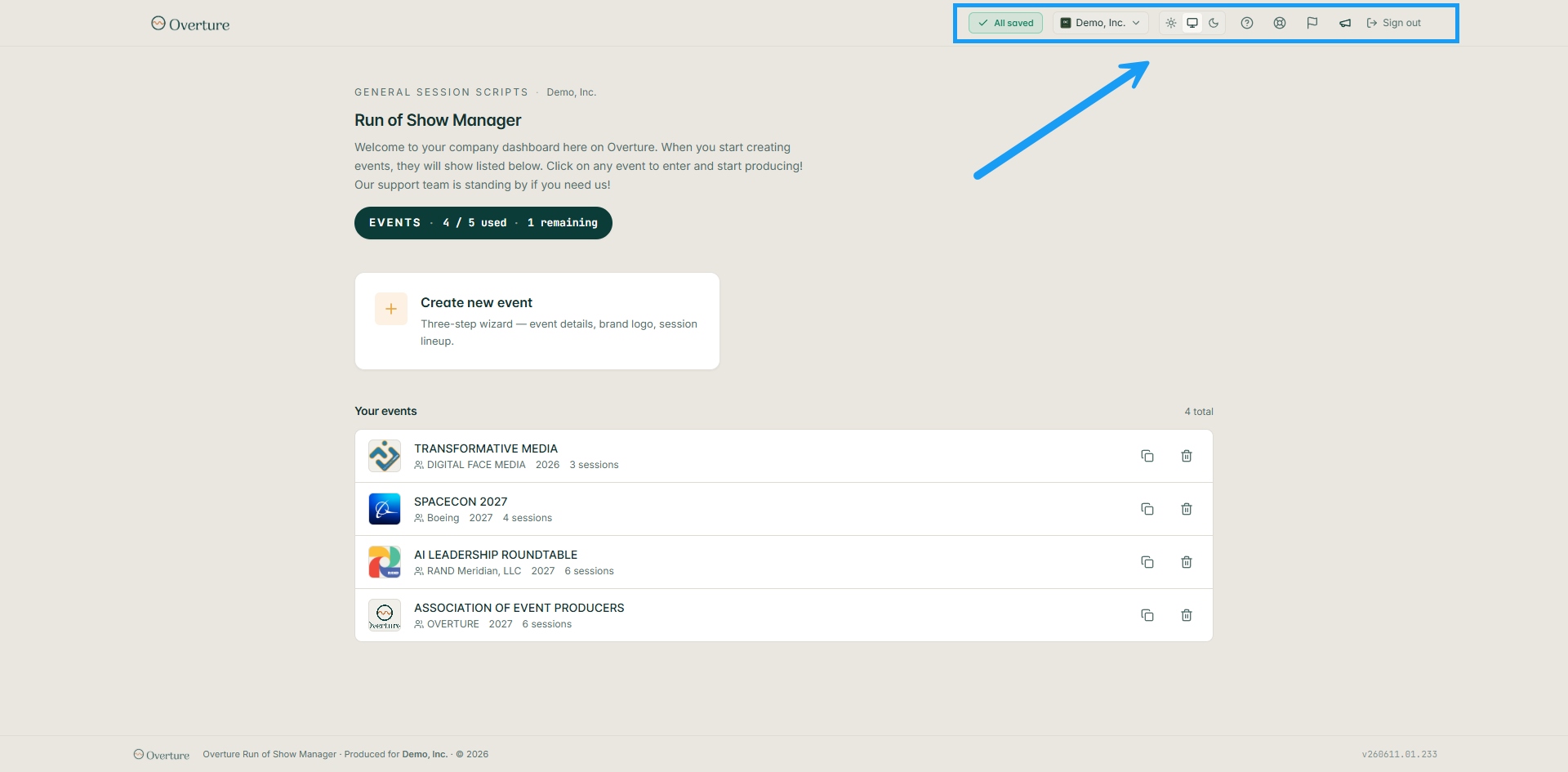 The Overture company dashboard showing the top menu bar (highlighted in blue), the org context line, the EVENTS quota pill, the Create new event card, and the Your events list with four events.