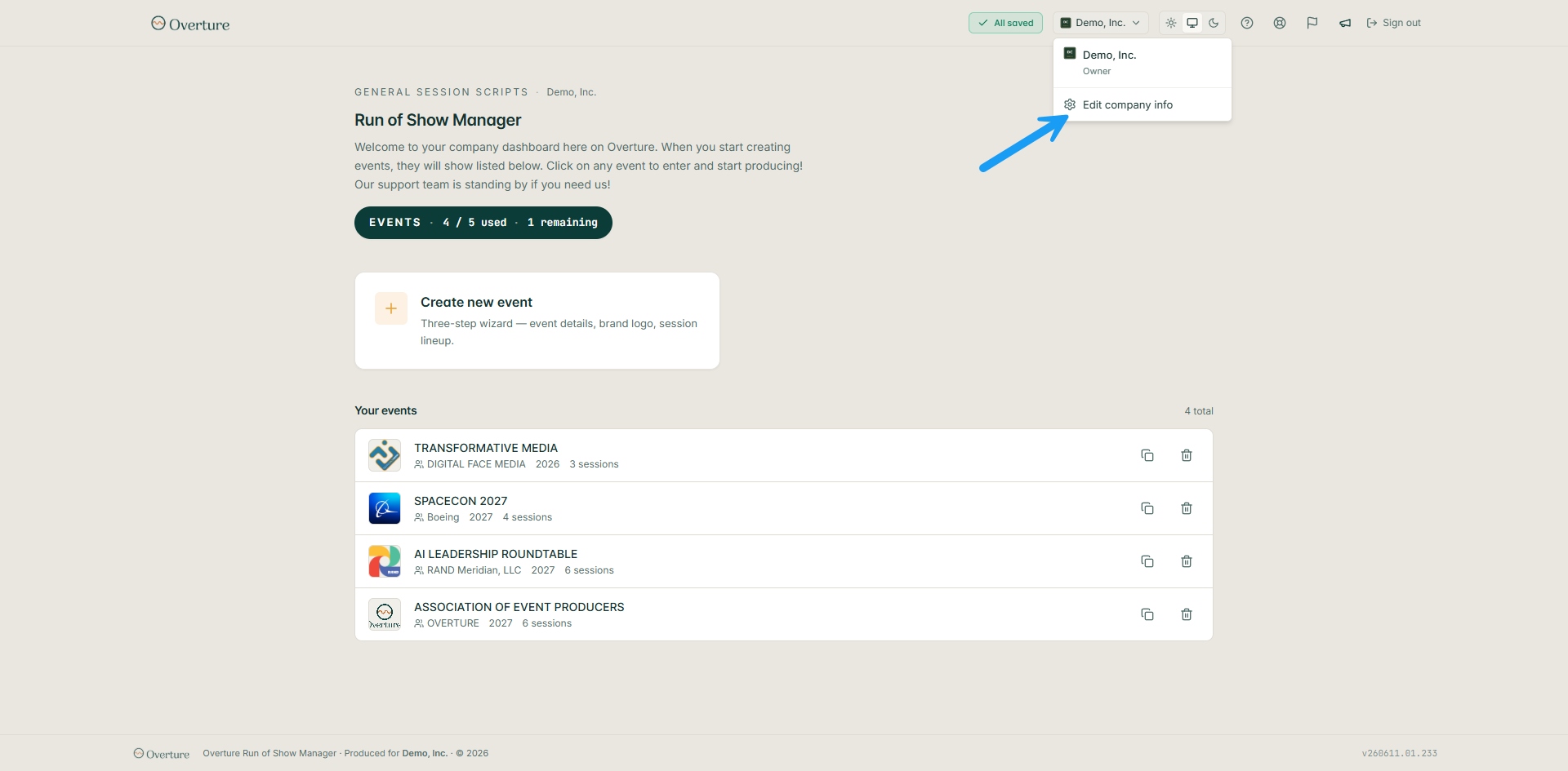 The Overture dashboard with the organization dropdown open in the top-right and an arrow pointing at Edit company info.