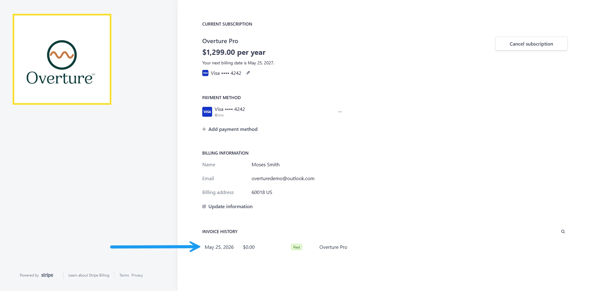 The Stripe billing portal with an arrow pointing at an invoice row under Invoice history.