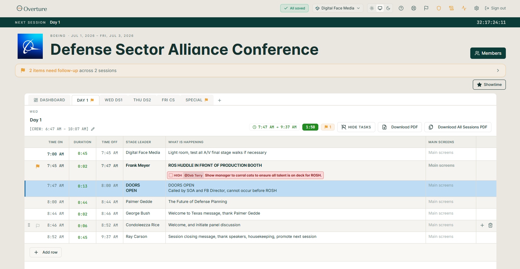 The Run of Show open inside an event, with a row of session tabs across the top.