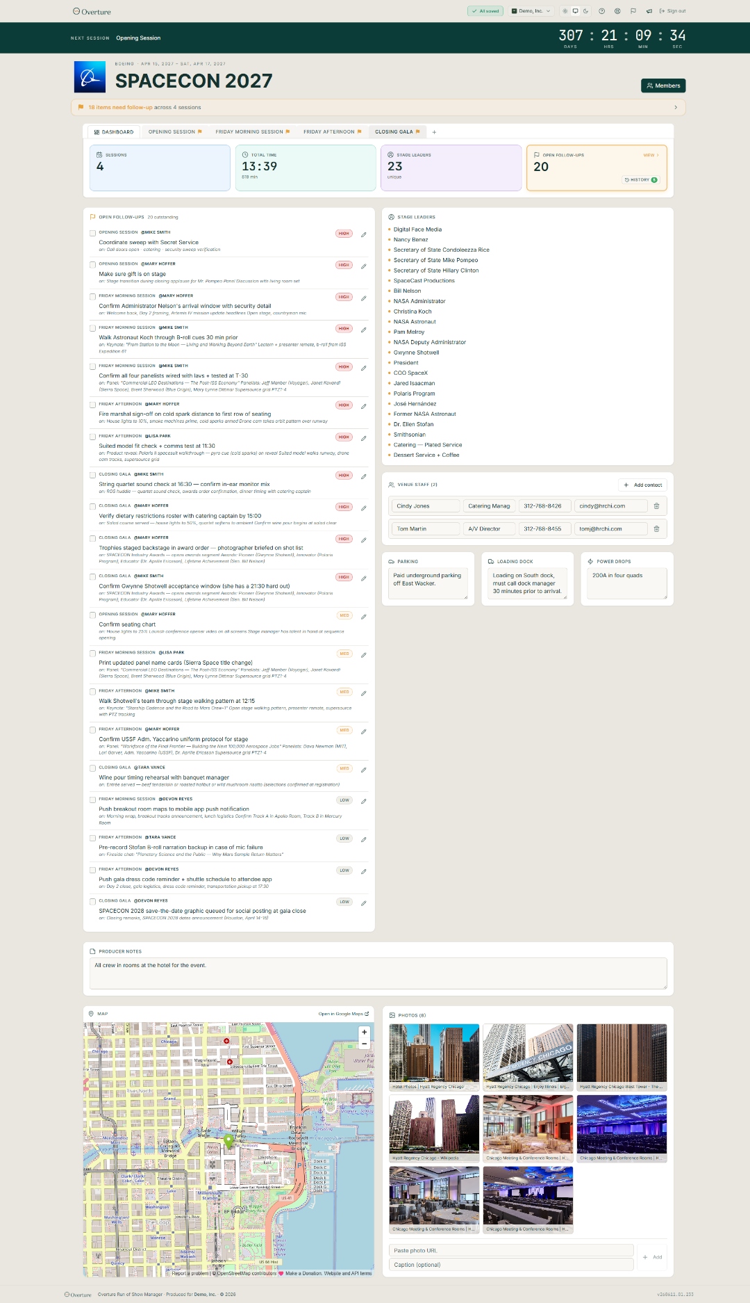 The full event dashboard for SPACECON 2027 showing the countdown banner, event header with Members button, follow-up summary banner, tab strip, four KPI tiles, the Open Follow-Ups list, Stage Leaders list, Venue Staff table, logistics cards, Producer Notes, and the map and photo grid at the bottom.