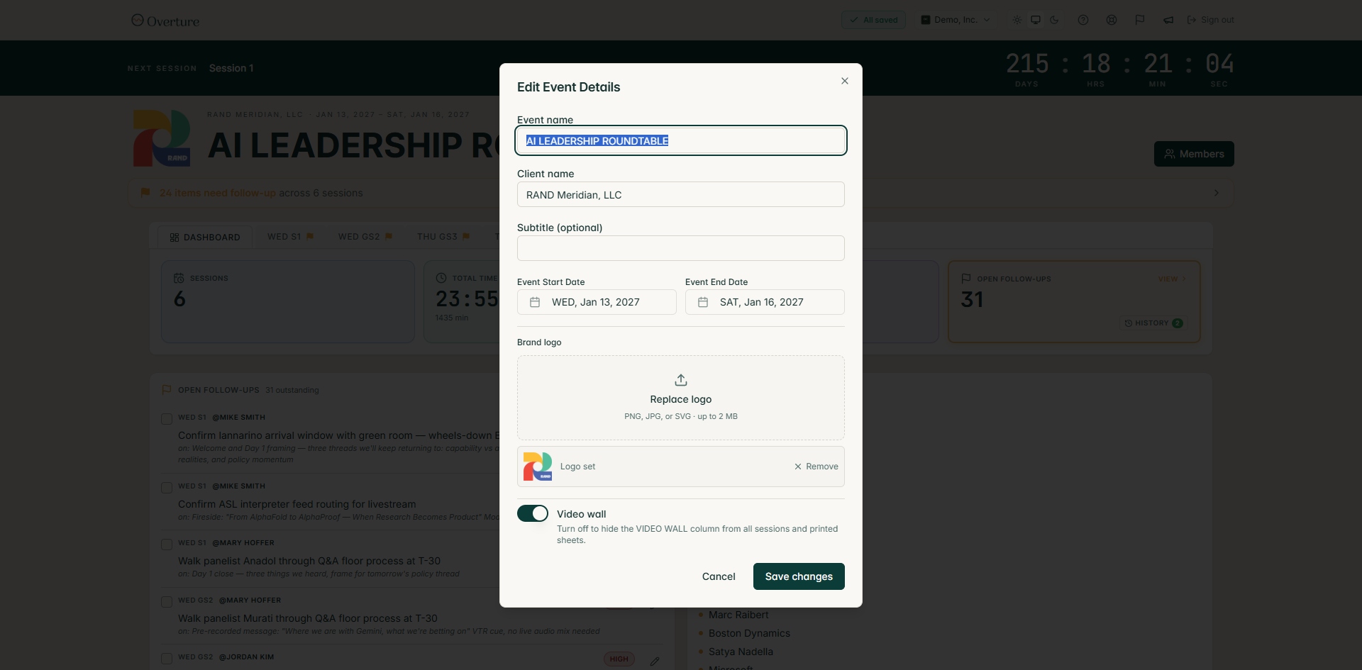 The Edit Event Details dialog with fields for Event name, Client name, Subtitle, Event Start Date, Event End Date, a Brand logo card with a Replace logo dropzone and a Logo set preview row with a Remove button, and a Video wall toggle.