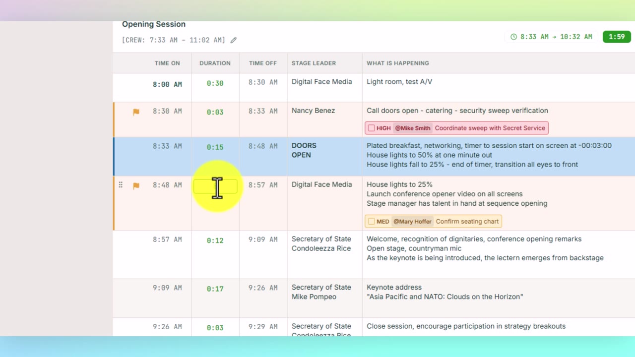 The DURATION cell for the 8:48 AM row selected and ready for input, with the cursor positioned inside.