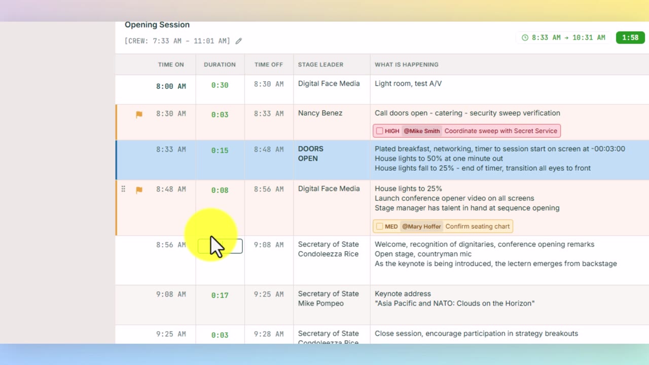 The DURATION cell now reads 0:08 after typing 8. The row's TIME OFF column has updated from 8:57 AM to 8:56 AM.