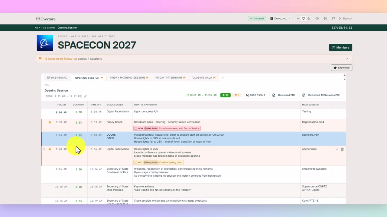 The full Opening Session tab zoomed out, total time now 3:19 in the green pill at the session header, All saved pill green in the top toolbar.
