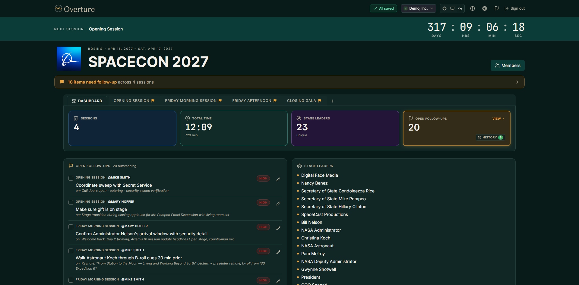 The Event Dashboard in Dark mode, showing colorful KPI tiles for Sessions, Total time, Stage leaders, and Open follow-ups against a black canvas.