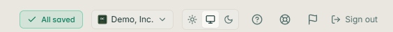 The Overture top toolbar, showing All saved pill, Demo Inc org switcher, three theme buttons, Help, Support, Follow-ups flag, and Sign out.
