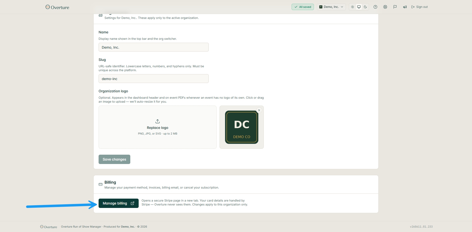 The Settings page scrolled to the Billing card, with an arrow pointing at the Manage billing button.