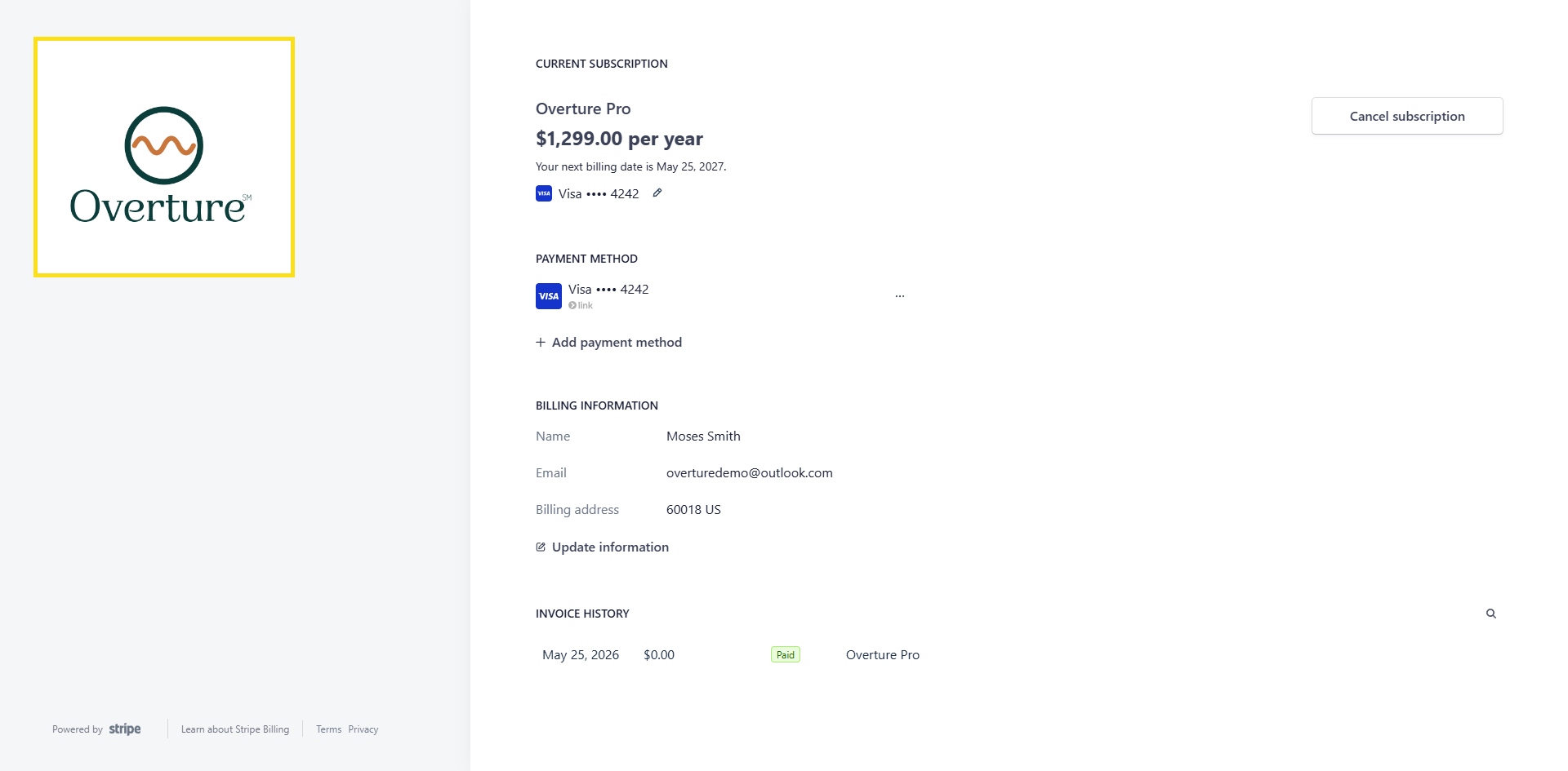 The Stripe billing portal showing the current Overture Pro subscription, payment method, billing information, and invoice history.