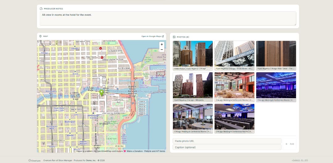 Venue Map + Photos card on the dashboard, with a map of the Hyatt Regency Chicago, eight photo thumbnails, and the Paste photo URL field below.
