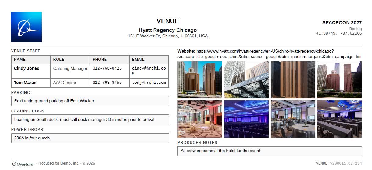 A landscape Venue sheet from the PDF showing the Hyatt Regency Chicago header, the Venue Staff table with two contacts, three labeled cards (Parking, Loading Dock, Power Drops), Producer Notes, the venue website link, and an eight-photo grid on the right.