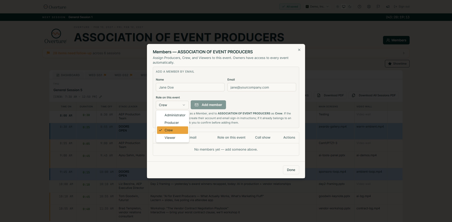 The Members dialog open on the Association of Event Producers event, with the 'Role on this event' dropdown expanded to show Administrator, Producer, Crew (checked), and Viewer.