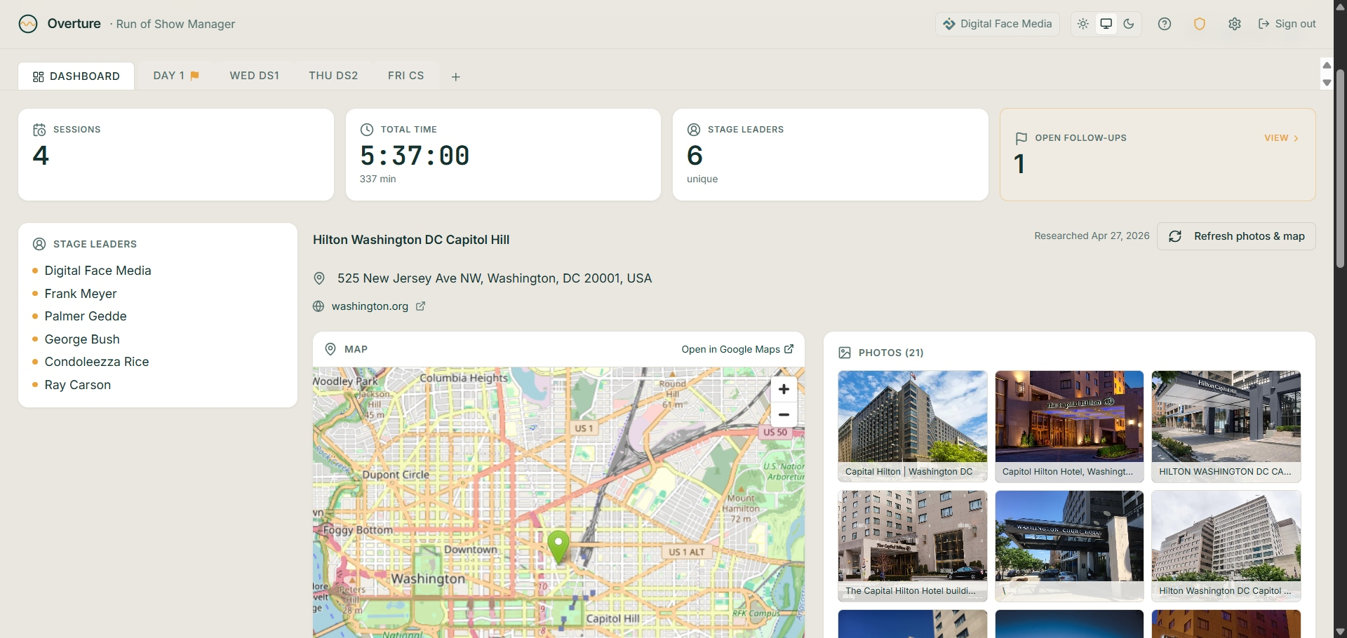 Overture event dashboard — KPIs, stage leaders, venue details, map, and venue photo gallery
