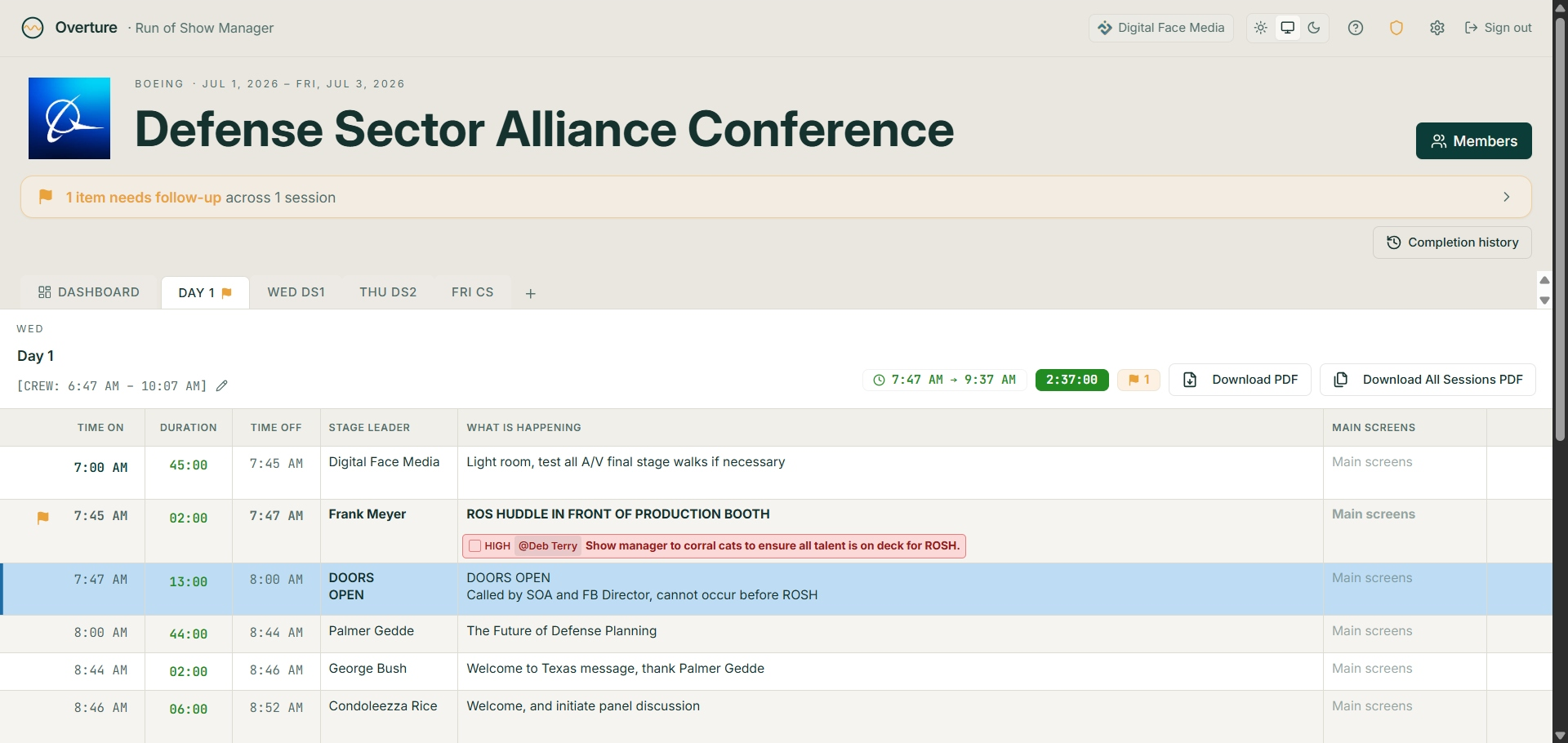Overture run-of-show — Defense Sector Alliance Conference, Day 1 schedule with stage leaders, cue assignments, and follow-up flags